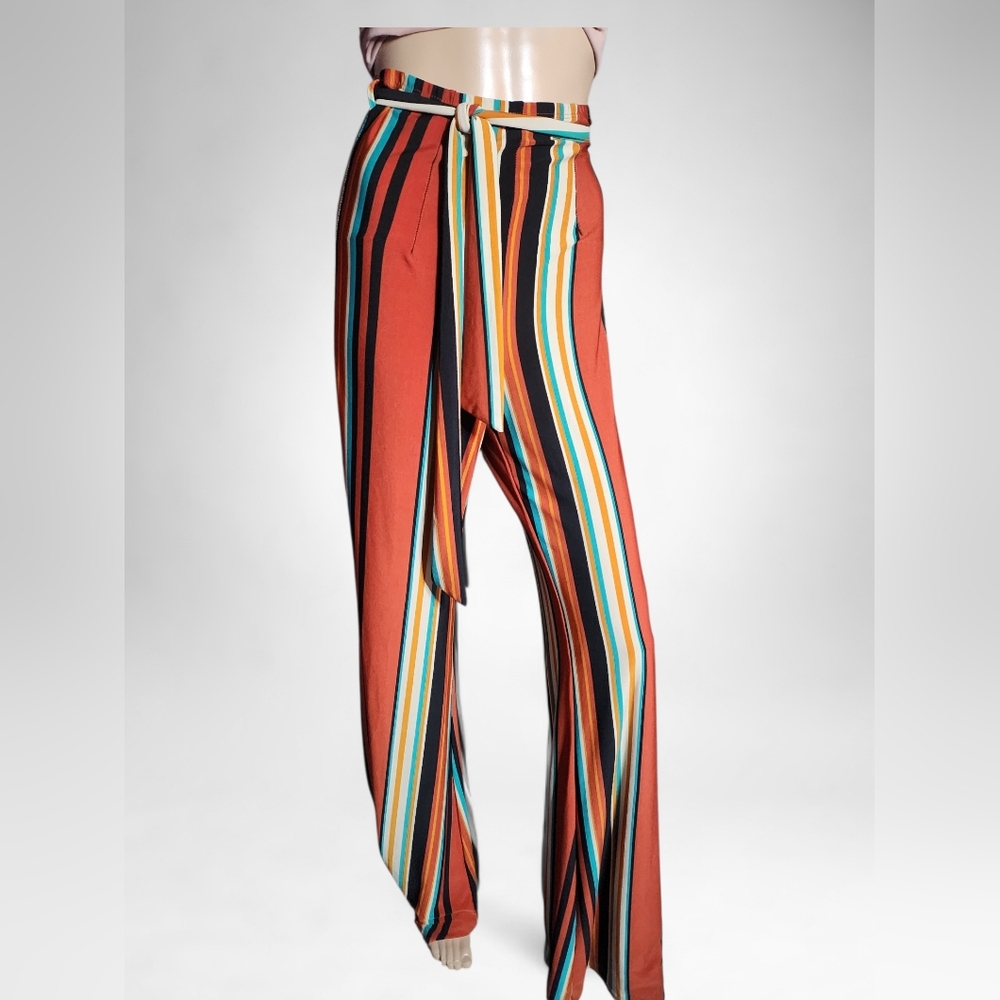 Elegant Retro Striped Bellbottoms With Matching Belt M